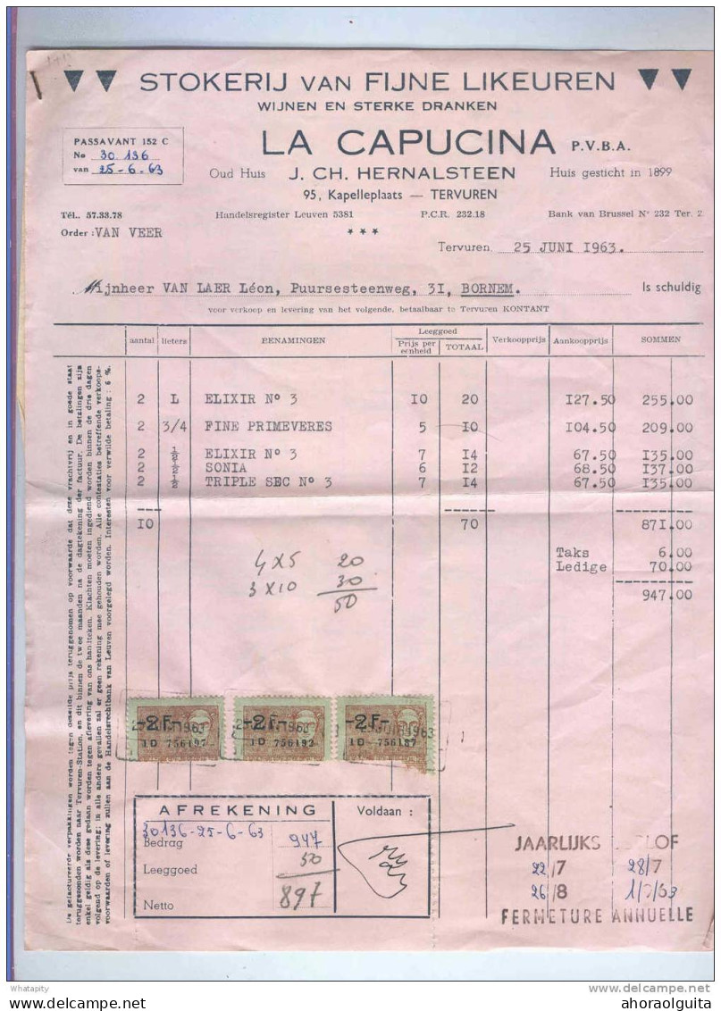 BELGIQUE - Facture Et Document Douanier La Capucina TERVUEREN 1963 - 3 Timbres Fiscaux Belges Pour 6 F  --  LL440 - Vins & Alcools