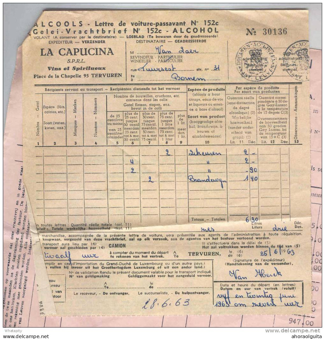 BELGIQUE - Facture Et Document Douanier La Capucina TERVUEREN 1963 - 3 Timbres Fiscaux Belges Pour 6 F  --  LL440 - Vins & Alcools