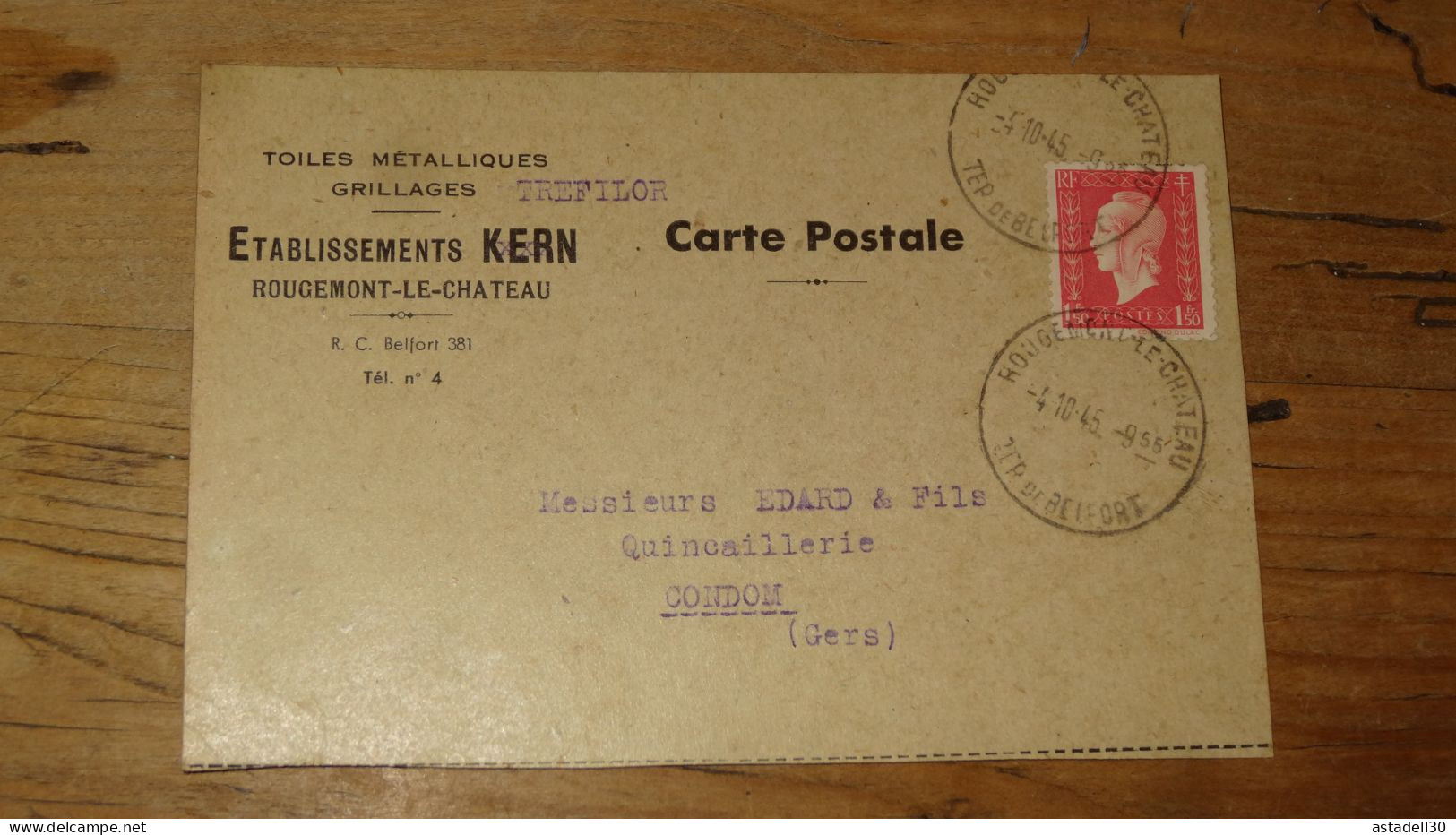 Carte Postale Commerciale Ets Kern A ROUGEMONT LE CHATEAU - 1945  ......... PHI ..... 14516 - Rougemont-le-Château