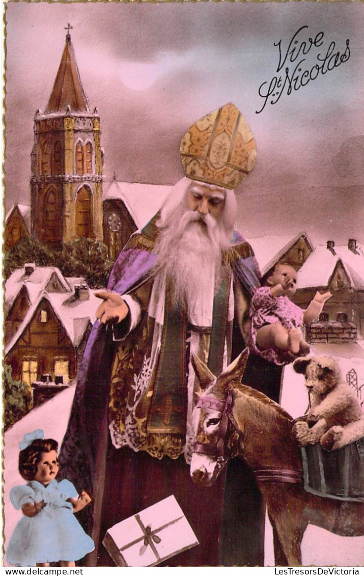 FETES & VOEUX - St NICOLAS Distribue Des Cadeaux Aux Enfants - Anes - Eglise  - Vive St Nicolas - Carte Postale Ancienne - Saint-Nicolas