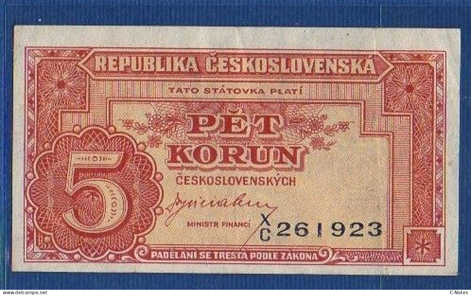 CZECHOSLOVAKIA - P.59a – 5 Korún ND (1945) VF/XF, S/n X/C 261923 - Tchécoslovaquie