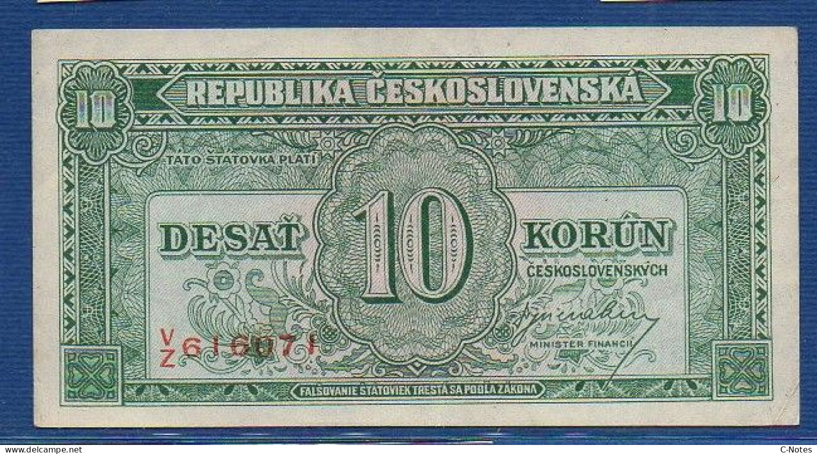 CZECHOSLOVAKIA - P.60a – 10 Korún ND (1945) XF, S/n V/Z 616071 - Cecoslovacchia