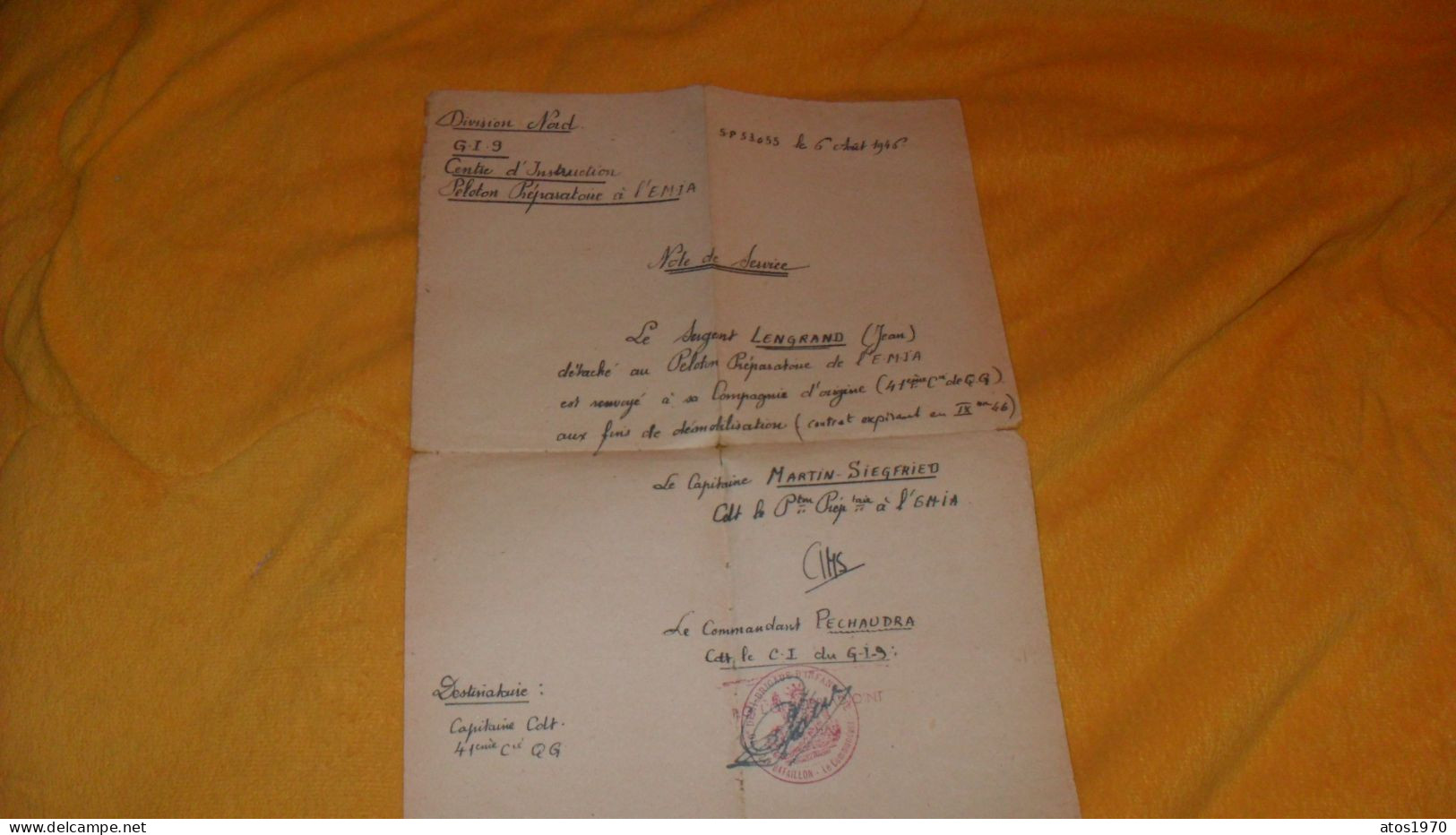 LETTRE NOTE DE SERVICE DE 1946..DIVISION NORD G.I.9 CENTRE D'INSTRUCTION PELOTON PREPARATOIRE...CACHET 10e DEMI BRIGADE - Documents