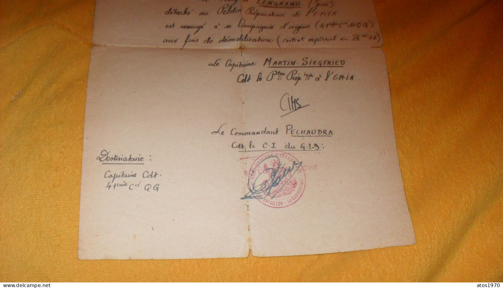 LETTRE NOTE DE SERVICE DE 1946..DIVISION NORD G.I.9 CENTRE D'INSTRUCTION PELOTON PREPARATOIRE...CACHET 10e DEMI BRIGADE - Documents