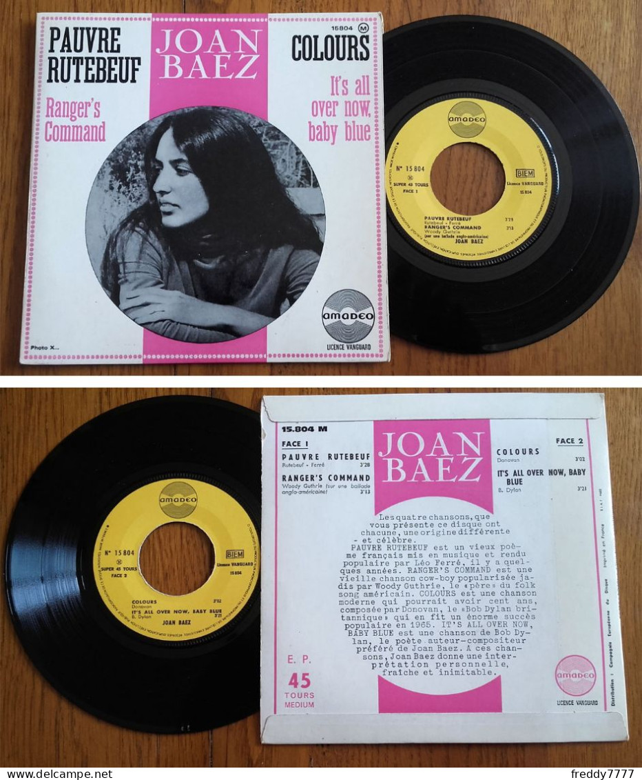 RARE French EP 45t RPM BIEM (7") JOAN BAEZ «It's All Over Now, Baby Blue» (Bob Dylan, 1965) - Country & Folk