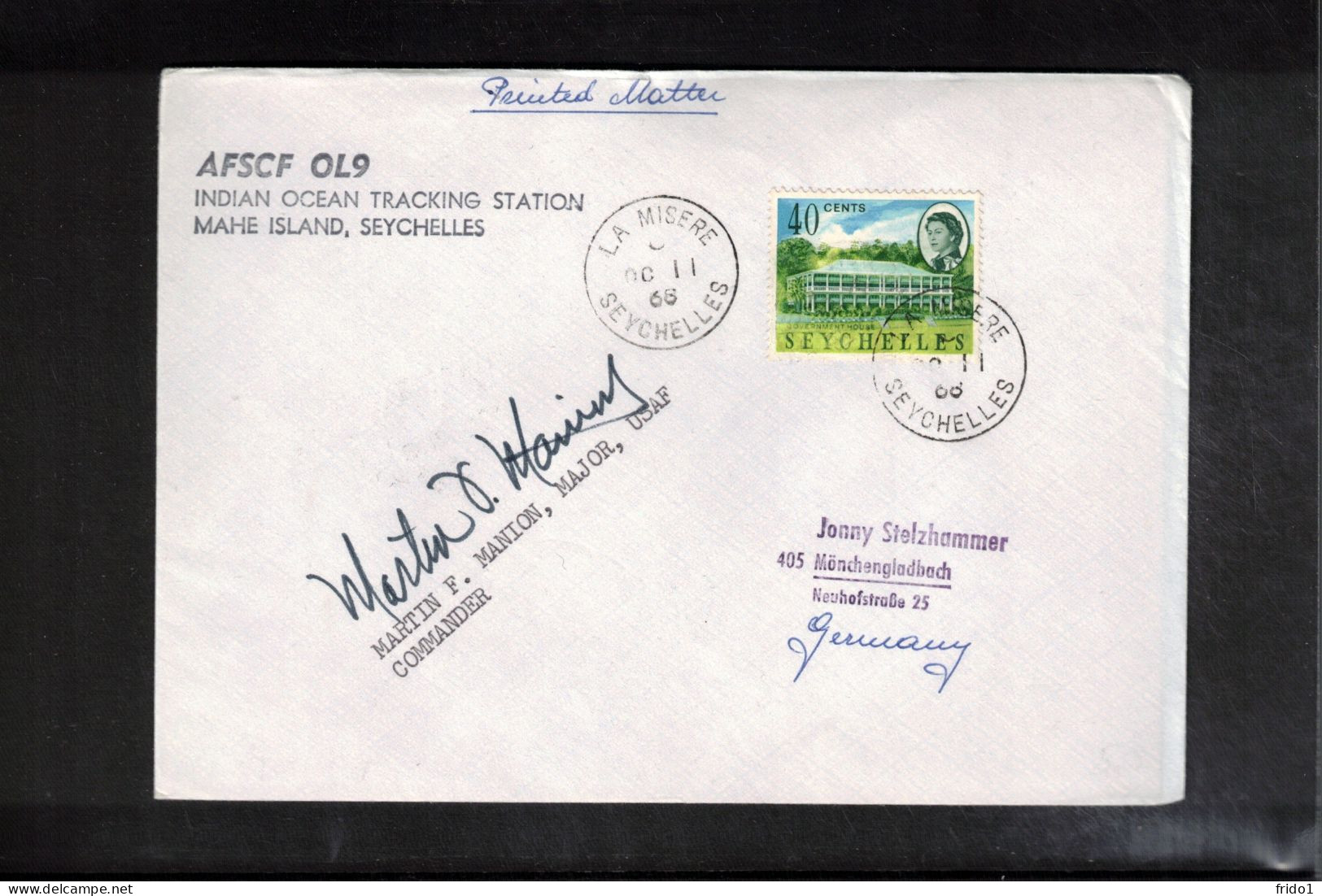 Seychelles 1968 Space / Weltraum AFSCF OL9 Indian Ocean Tracking Station Mahe Island Interesting Signed Cover - Africa