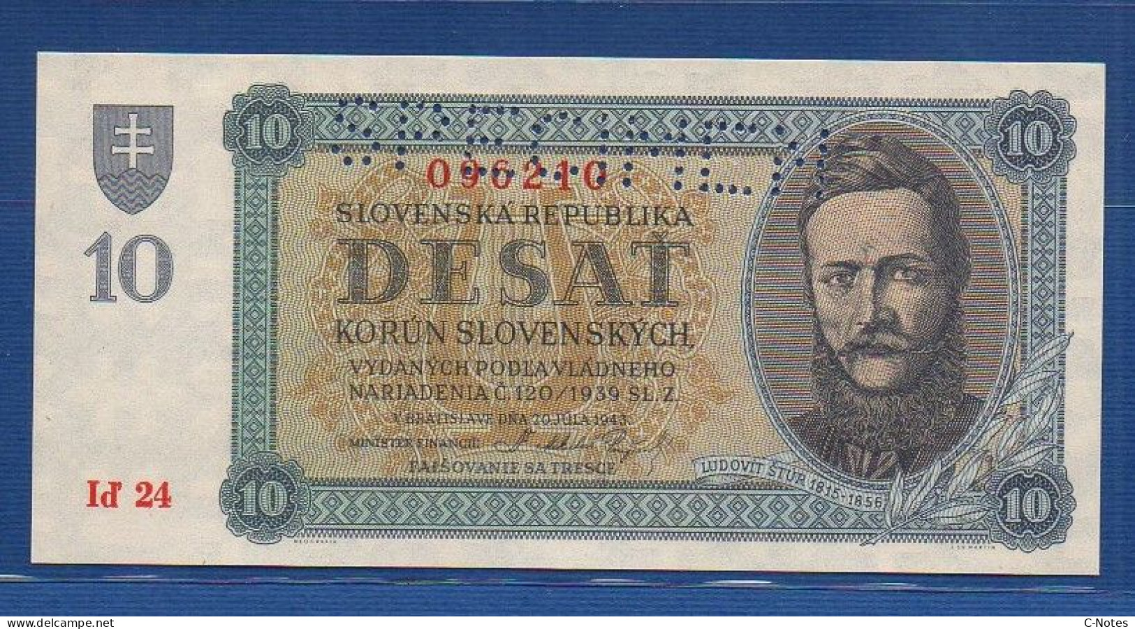 SLOVAKIA - P. 6s – 10 Korún Slovenských 1943 UNC Serie Id 24 096210 SPECIMEN - Eslovaquia