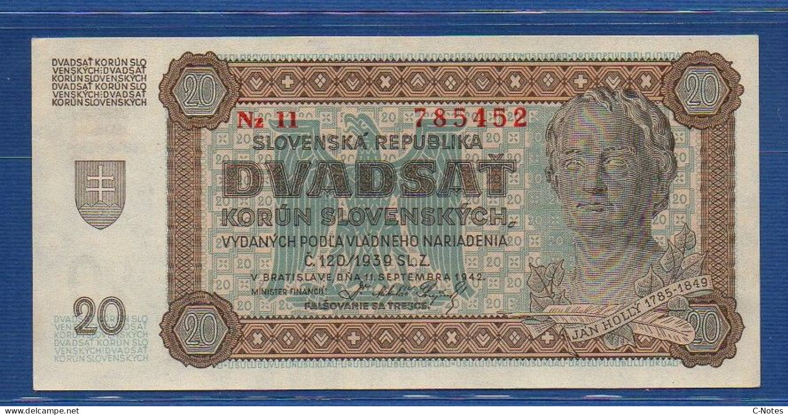 SLOVAKIA - P. 7a – 20 Korún Slovenských 1942 UNC- Serie Nz11 785452 - Slovaquie