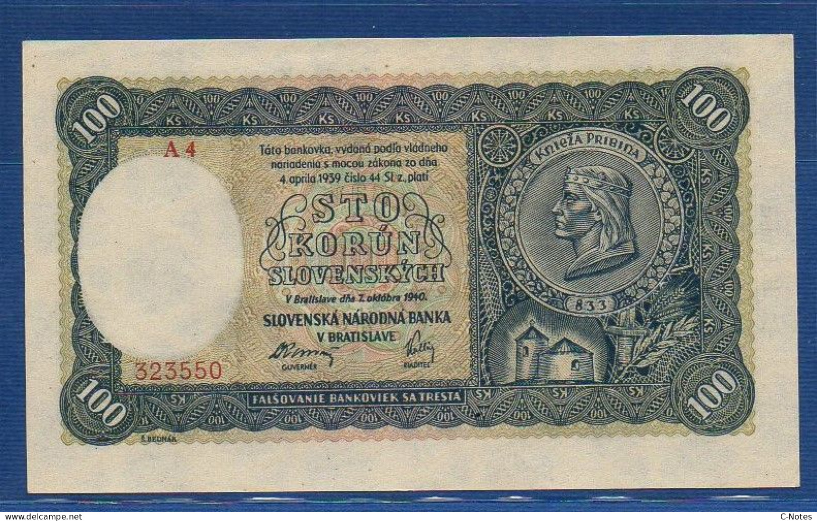 SLOVAKIA - P.11a – 100 Korún Slovenských 1940 UNC-, Serie A4 323550 - II. Emisia (2nd Edition) - Slowakei