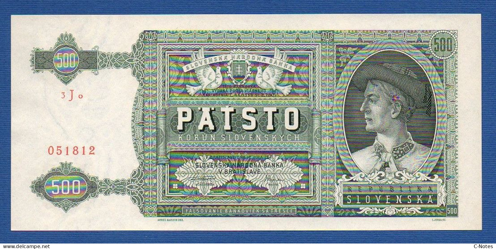 SLOVAKIA - P.12a – 500 Korún Slovenských 1941 UNC, Serie 3Jo 051812 - Slovakia