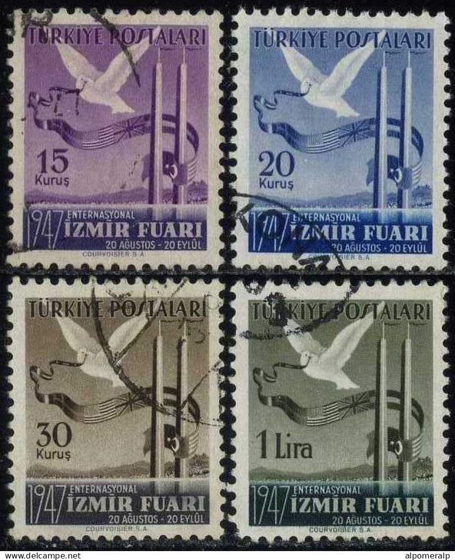 Türkiye 1947 M 1186-1189 Izmir International Fair | Dove And Flag Decorated Banderol, Flagpoles, City View From Izmir - Used Stamps