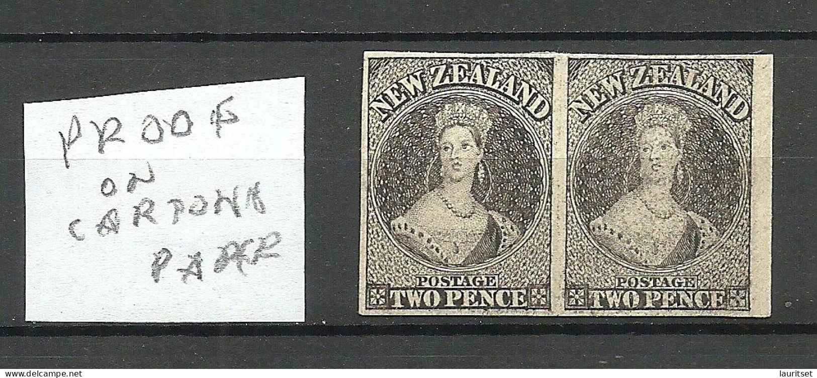 New Zealand 1855 Chalon Head 2d Hausberg's Imperf Proof As Pair In Black On White Card - Unused Stamps