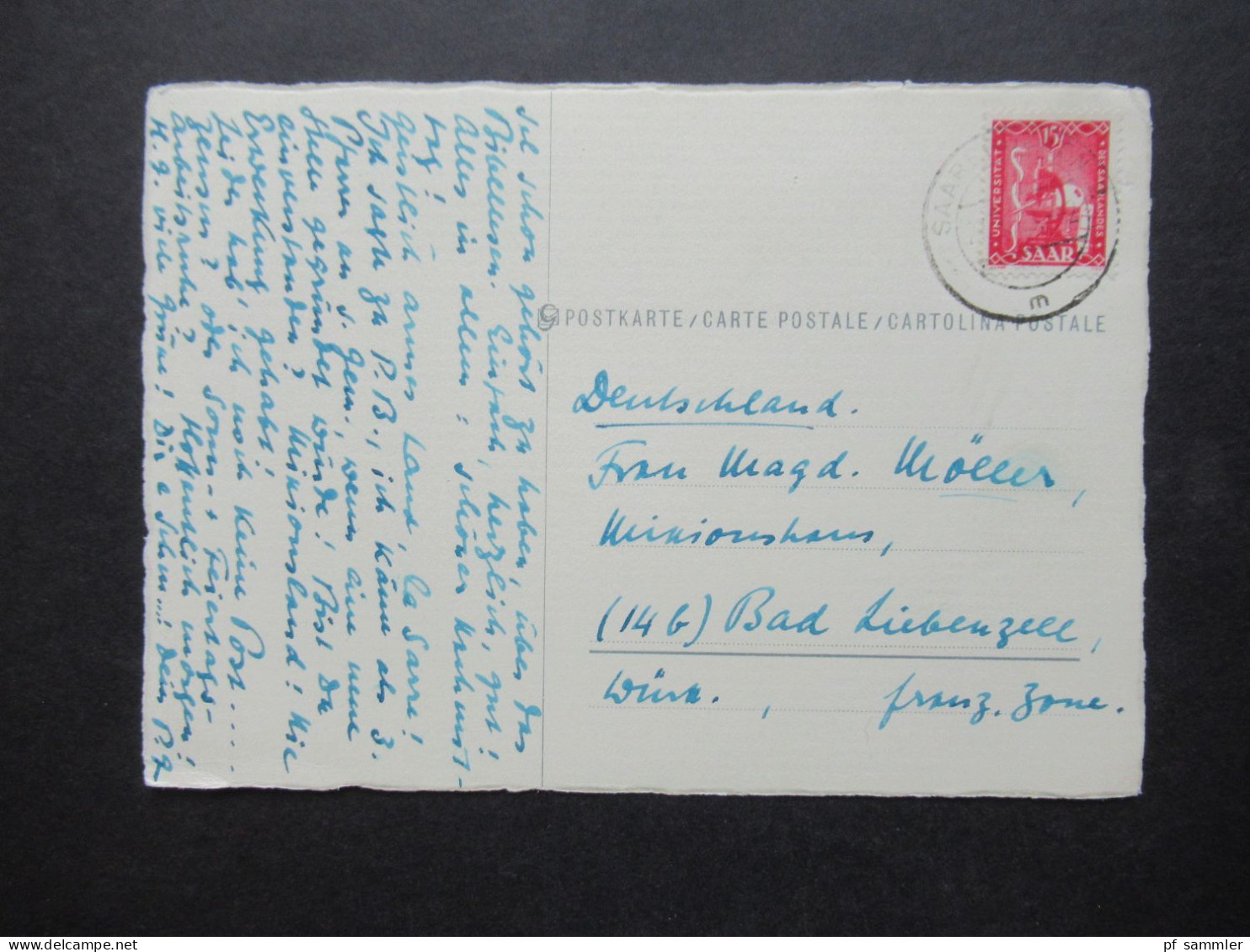 Saargebiet / Saarland 1949 Postkarte Frankiert Mit Mi.Nr.264 EF Nach Bad Liebenzell Württ. Franz. Zone Mit Viel Text!! - Cartas & Documentos