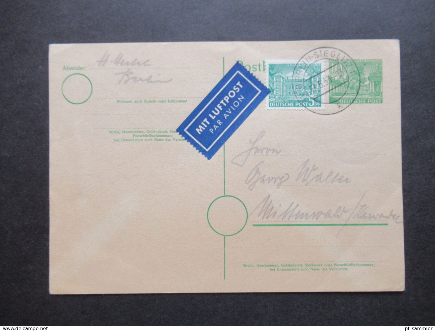 Berlin (West) 1953 Ganzsache Mit Zusatzfrankatur Mit Luftpost Nach Mittenwald / Stempel Berlin Steglitz 1 - Postales - Usados