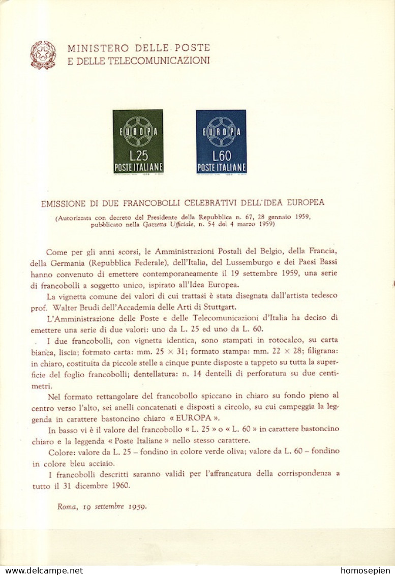 Europa CEPT 1959 Italie - Italy - Italien Y&T N°DP804 à 805 - Michel N°PD1055 à 1056 *** - Format 175*245 - 1959