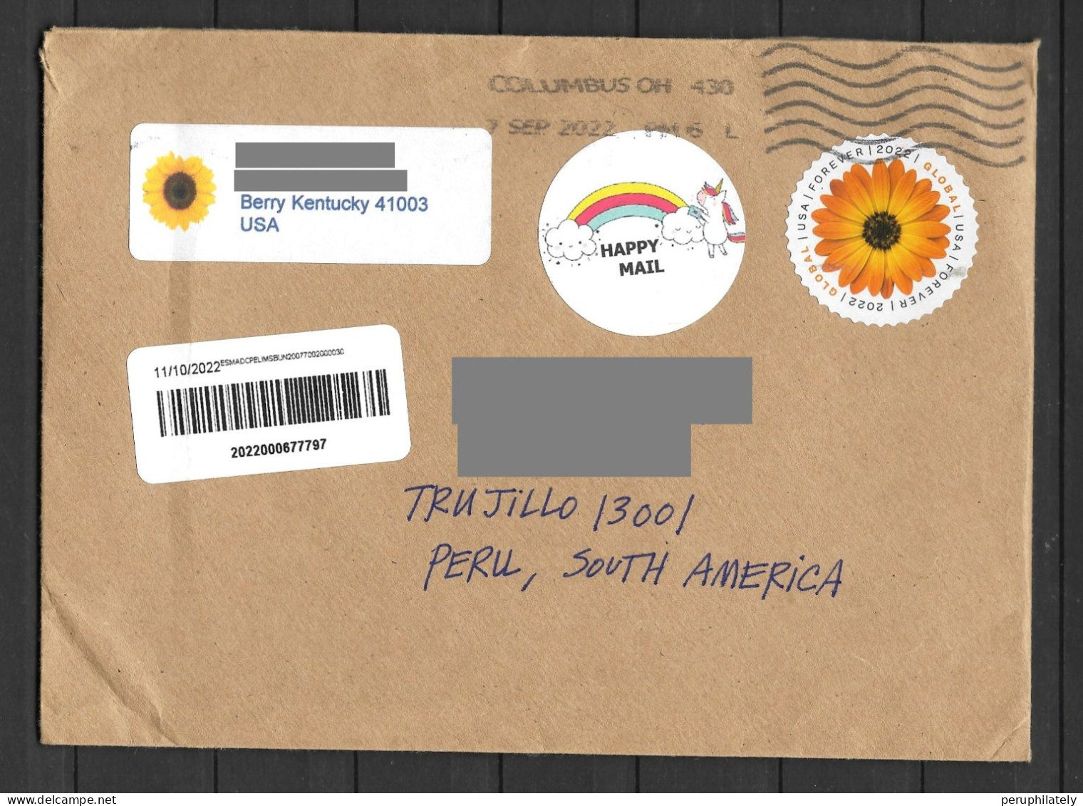 US Cover With Flower Forever Stamp Sent To Peru - Covers & Documents