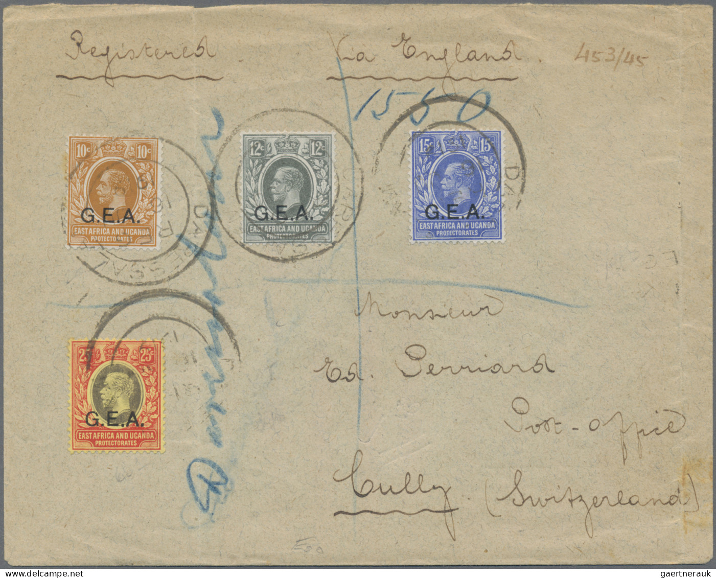 Tanganjika: 1919/1921 "G.E.A.": Five Registered Covers To Switzerland All Franke - Tanganyika (...-1932)