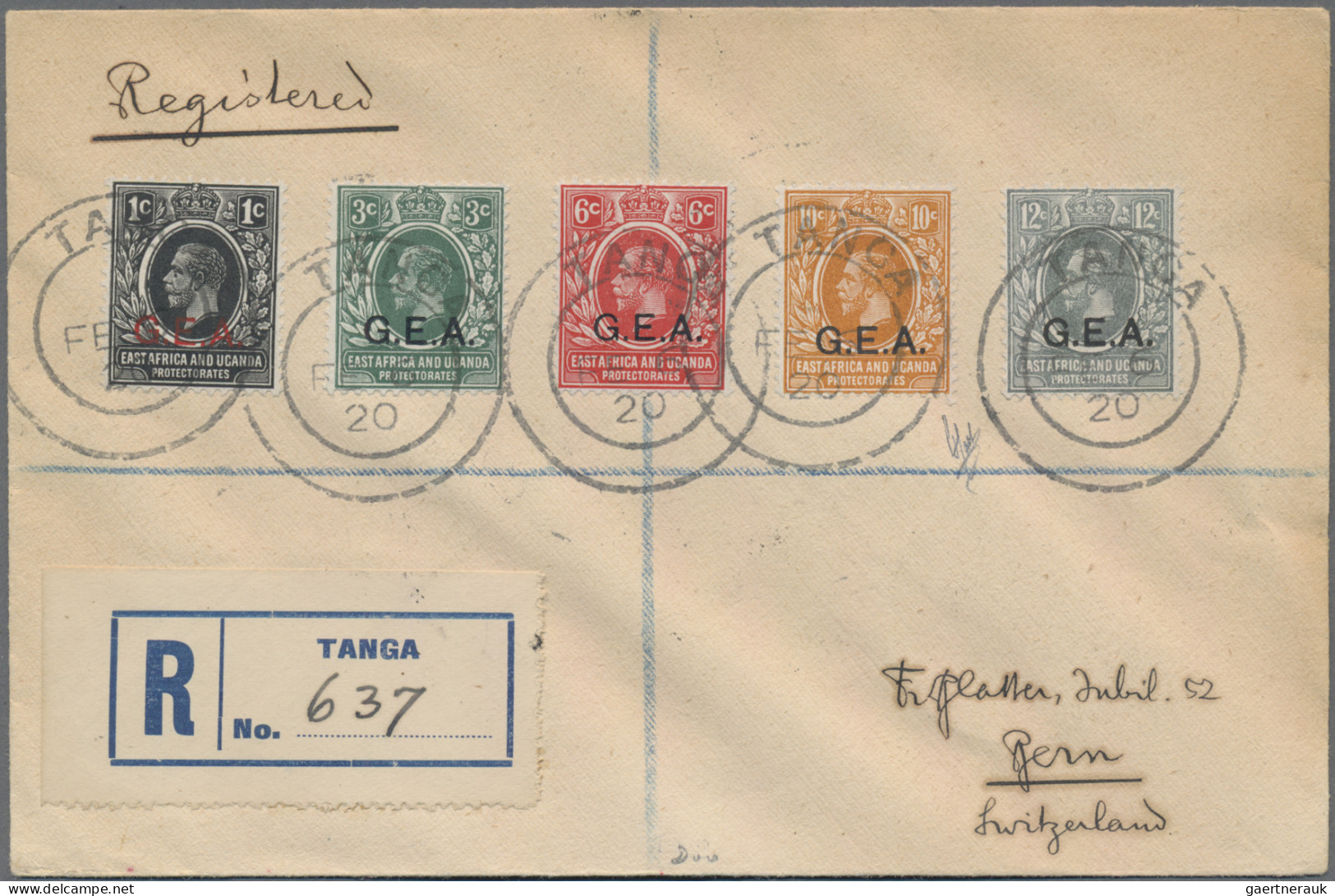 Tanganjika: 1919/1921 "G.E.A.": Five Registered Covers To Switzerland All Franke - Tanganyika (...-1932)