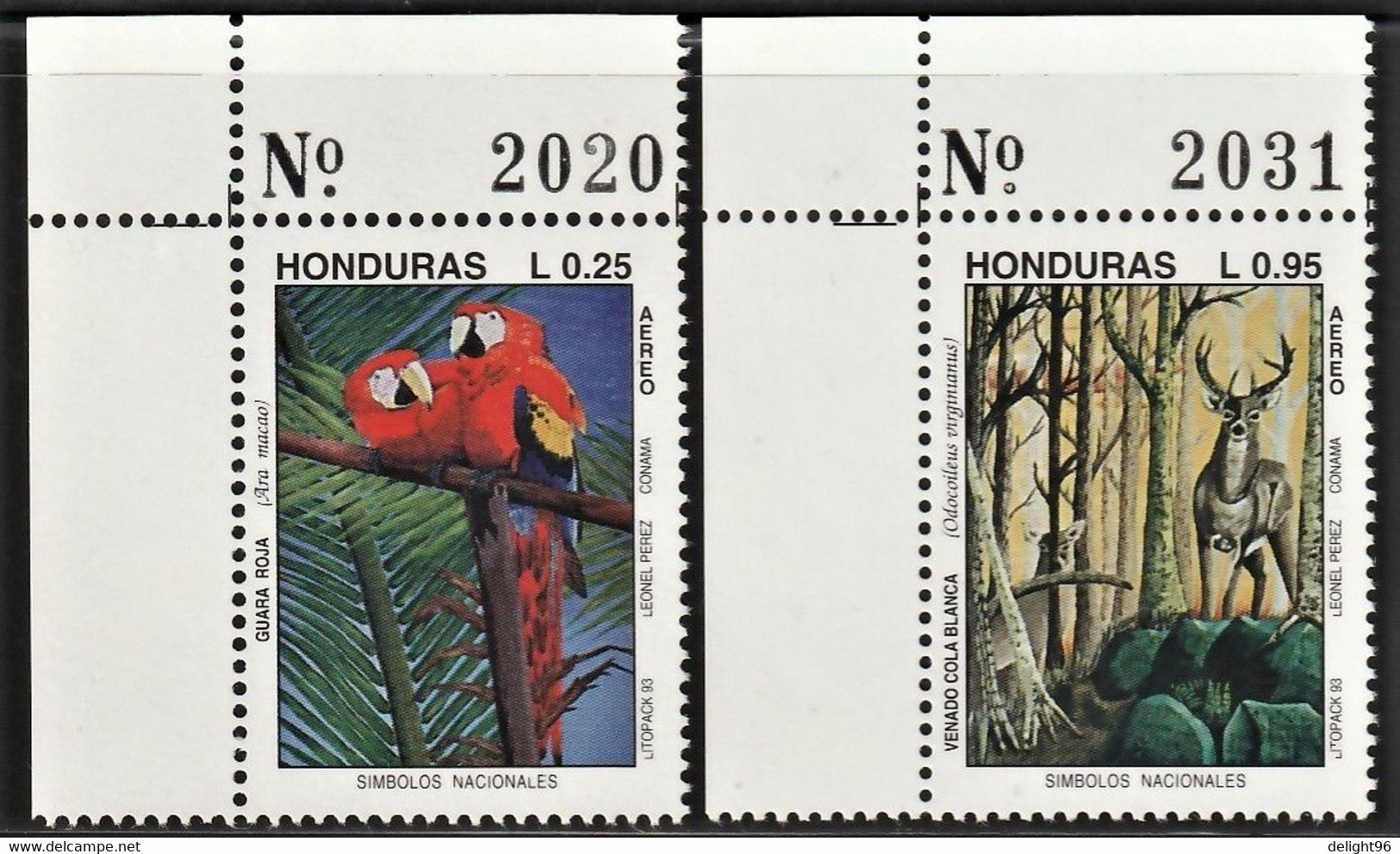 1993 Honduras National Symbols: Scarlet Macaw, White-tailed Deer Set (** / MNH / UMM) - Perroquets & Tropicaux