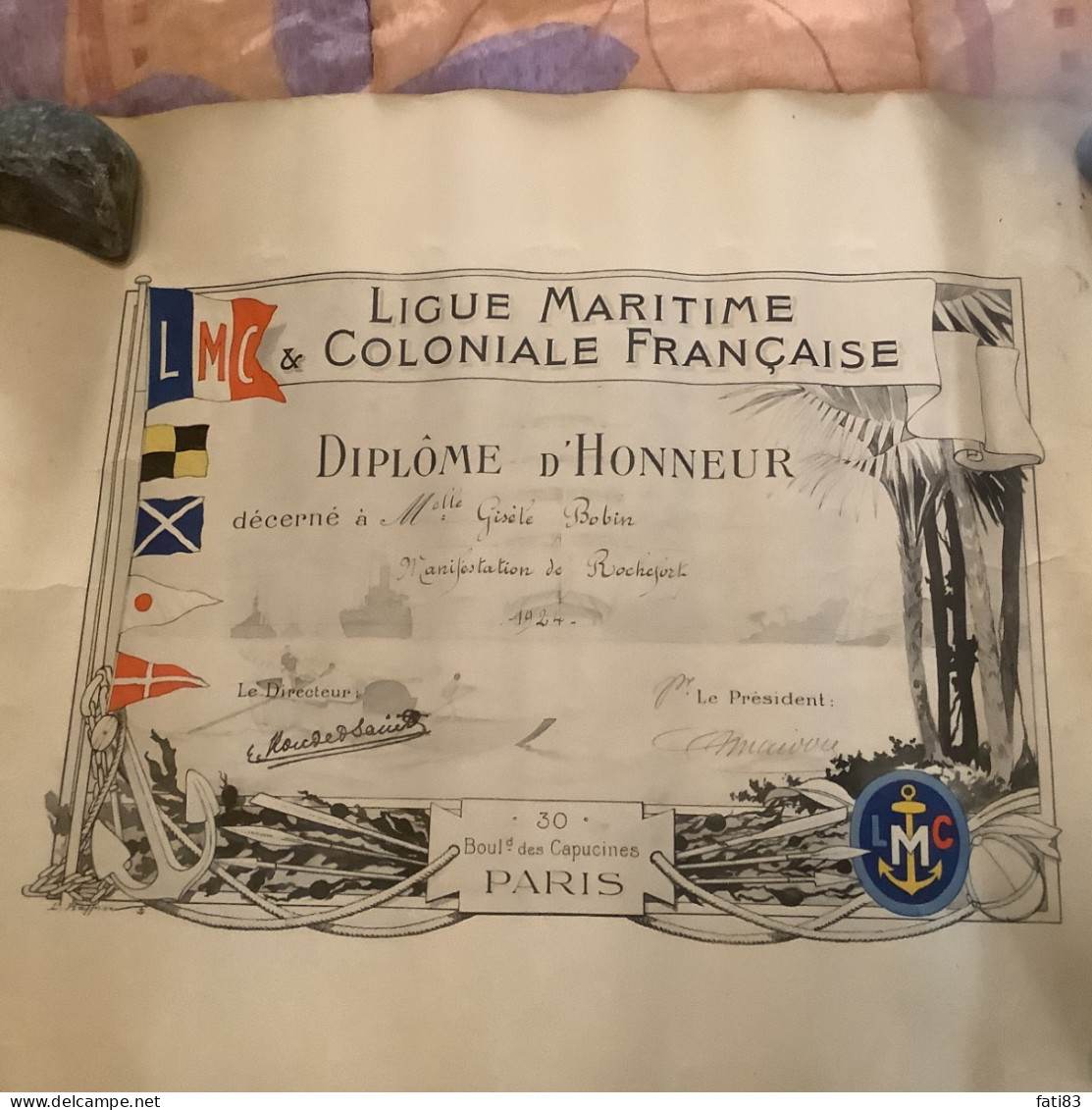 Ligue Maritime Coloniale Française, Diplôme D’honneur 1924 - Diploma & School Reports