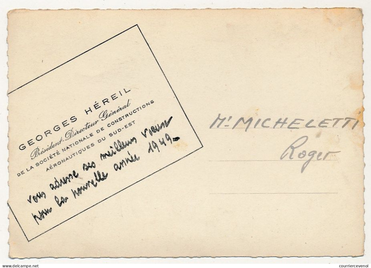 FRANCE- "Nos Prototypes 1948" - CPM Voeux Pour 1949, Georges Héreil, Société Nat. Constructions Aéronautiques Du Sud Est - 1946-....: Modern Era