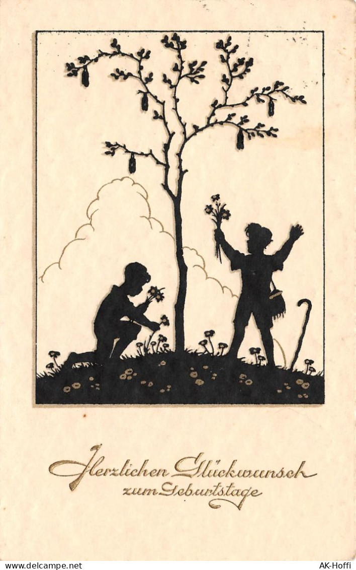 Scherenschnitt Ansichtskarte / Postkarte Herzlichen Glückwunsch Zum Geburtstage Gl.1937 (2303) - Silhouettes