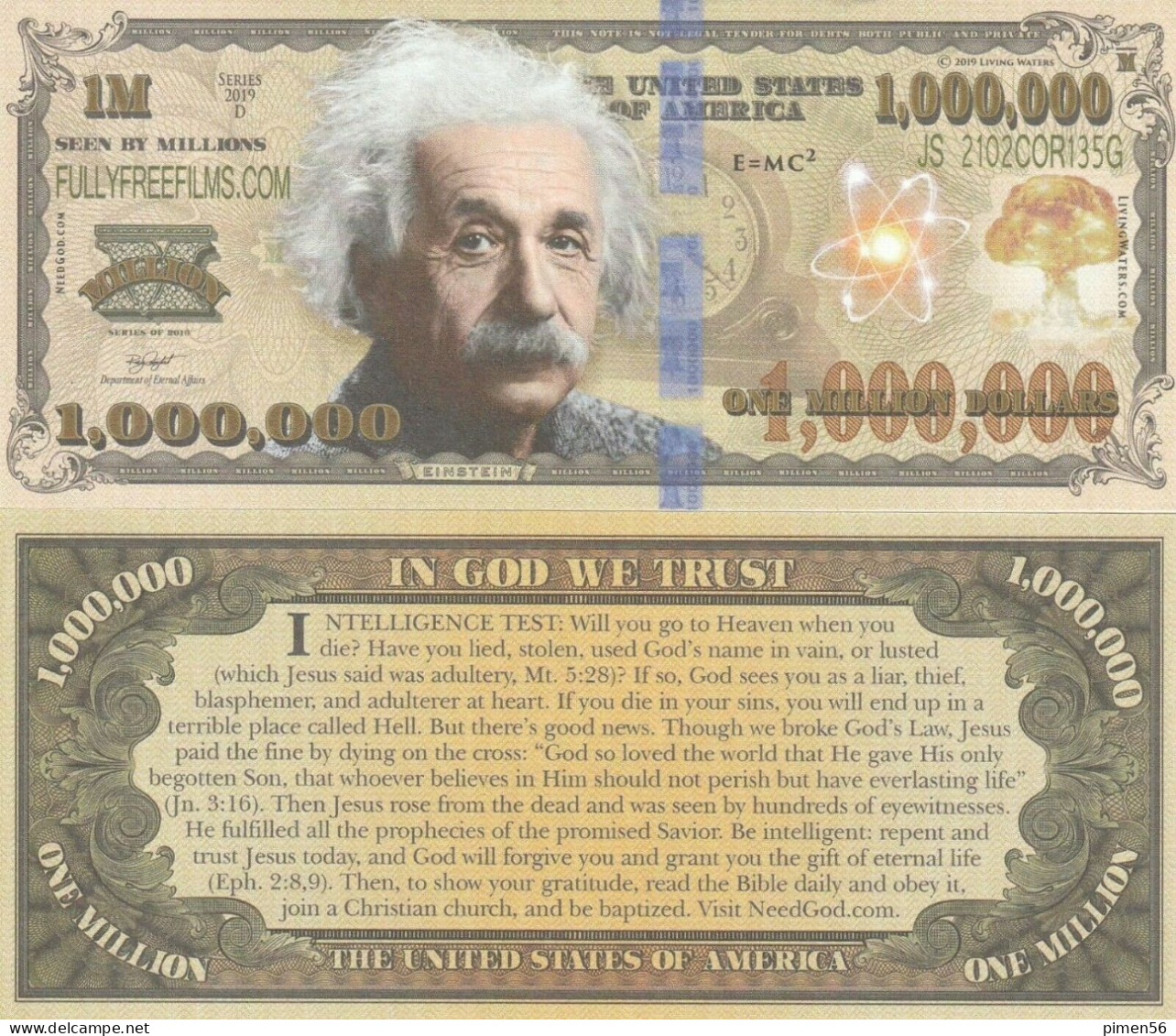 USA - FANTASY NOTE - ALBERT  EINSTEIN  WITH  GOSPEL - UNC - Sonstige & Ohne Zuordnung