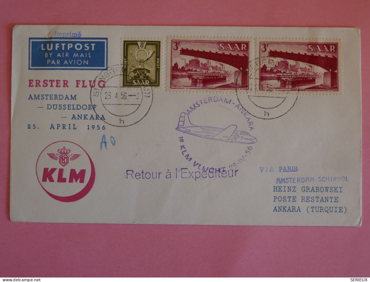 BT7 SAAR   BELLE  LETTRE  1956 PAR AVION  1ER VOL A  ANKARA TURQUIE +KLM  + AFF.PLAISANT++++ - Airmail