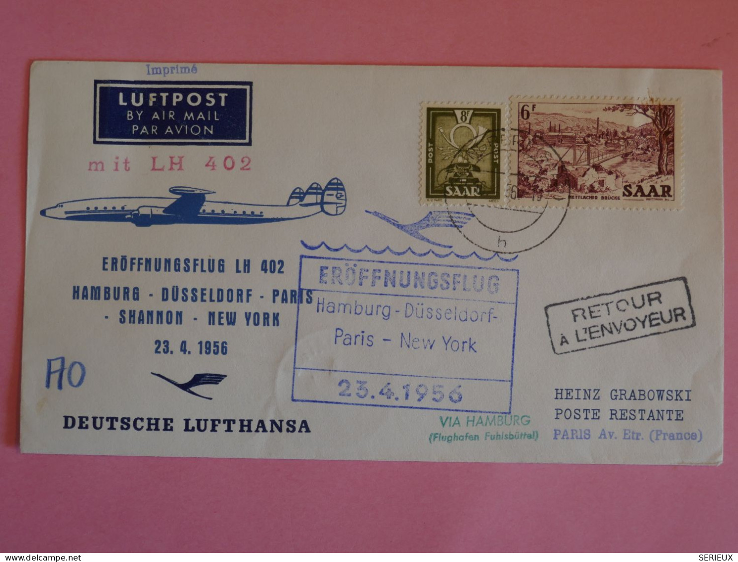 BT7 SAAR   BELLE  LETTRE  1956 PAR AVION  1ER VOL A++  PARIS NEW YORK  + AFF.PLAISANT++++ - Airmail