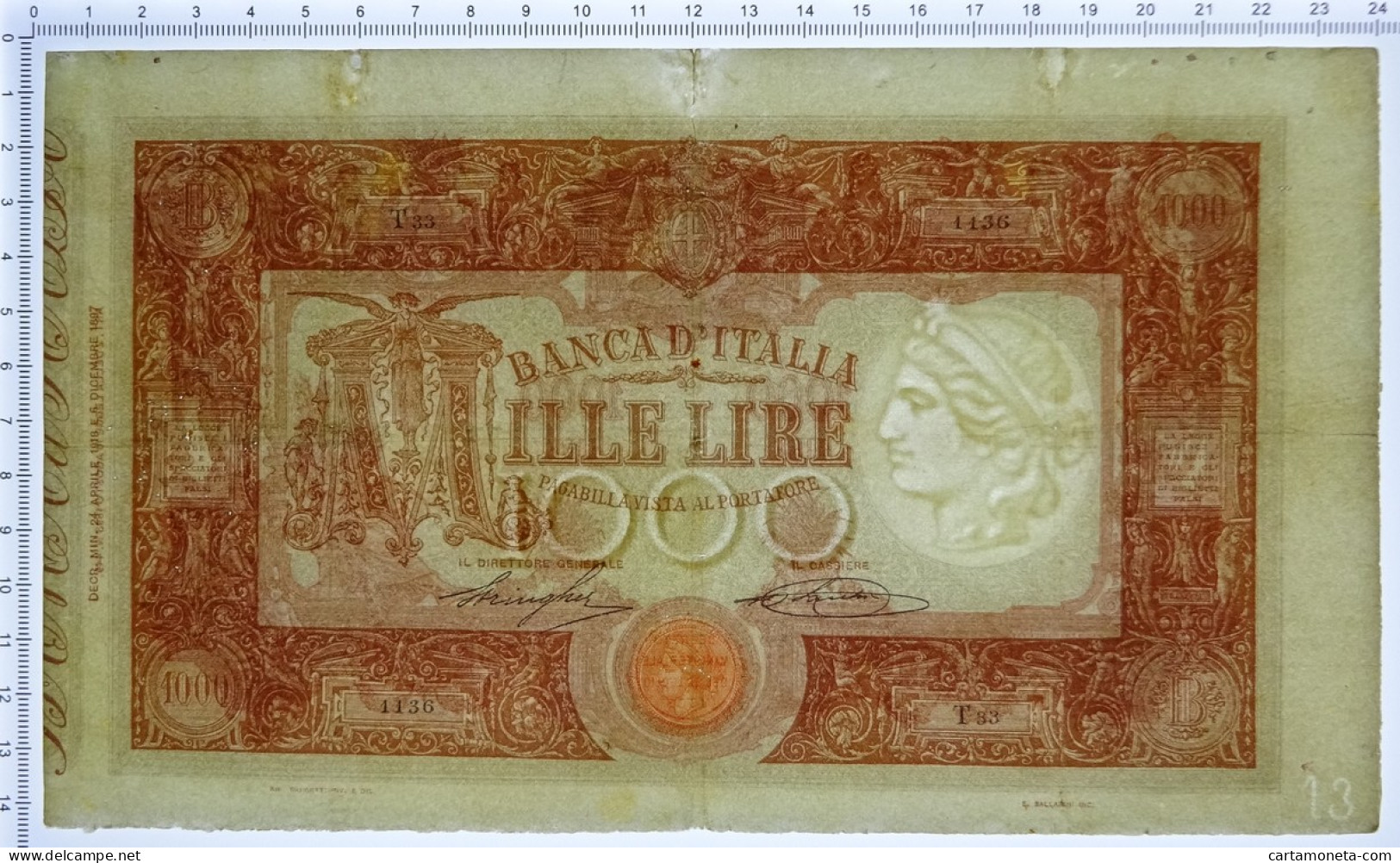 1000 LIRE BARBETTI GRANDE M MATRICE LATERALE TESTINA DECRETO 24/04/1918 MB/BB - Sonstige