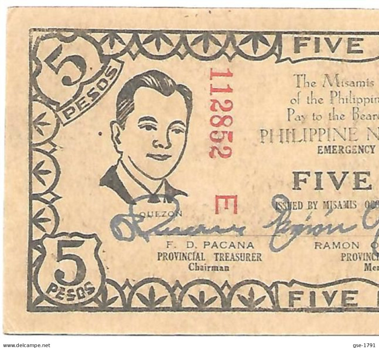 PHILIPPINES MISAMIS Occidental Province 5 Pesos # 578 Noir Sign.en Bleu .   Numérotation En Rouge Pr; NEUF - Philippines