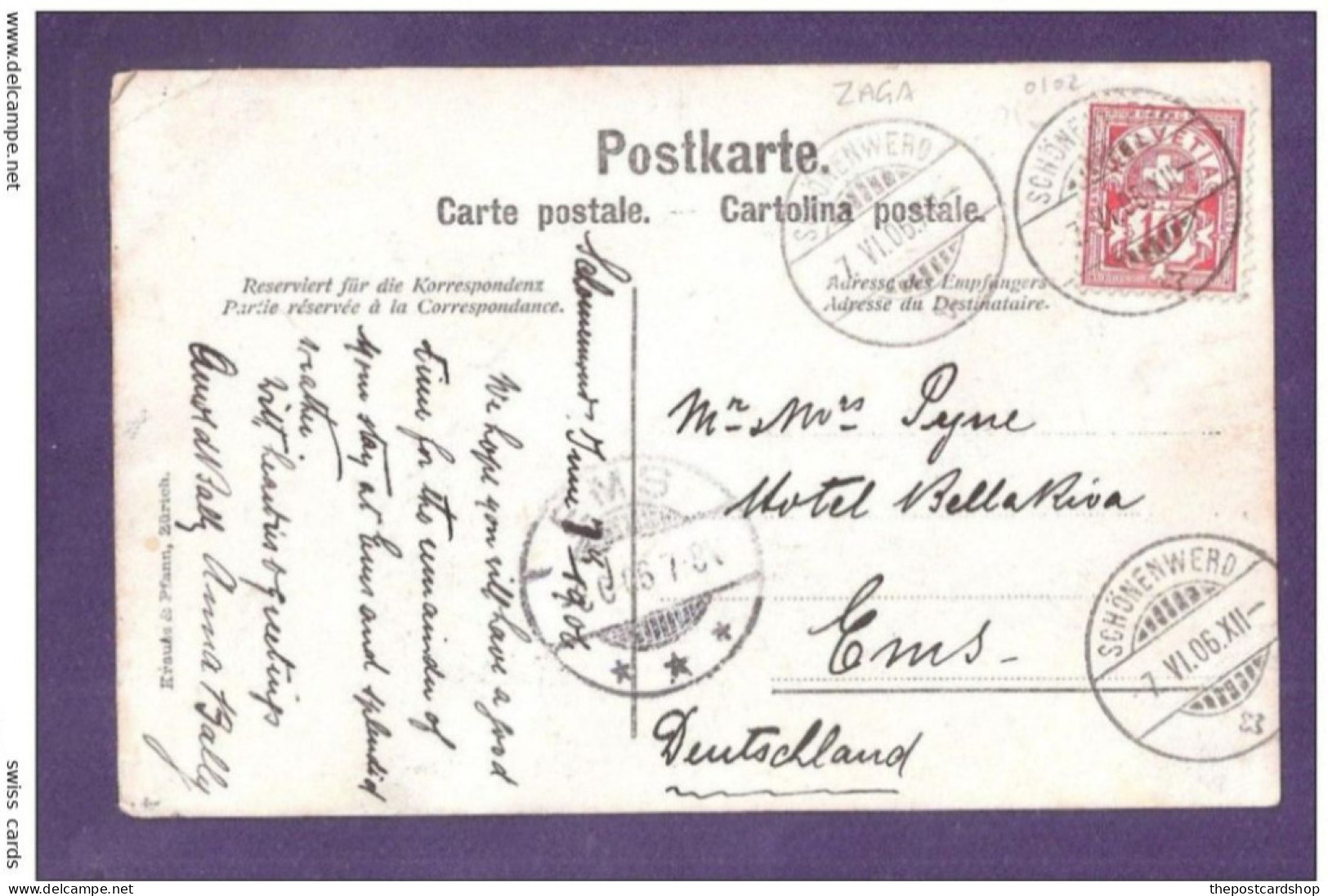 Canton De Soleure Schönenwerd HOTEL ? Postmark 1912 KRAUSS & PFANN ZURICH SENT To EMS DEUTSCHLAND - Schönenwerd