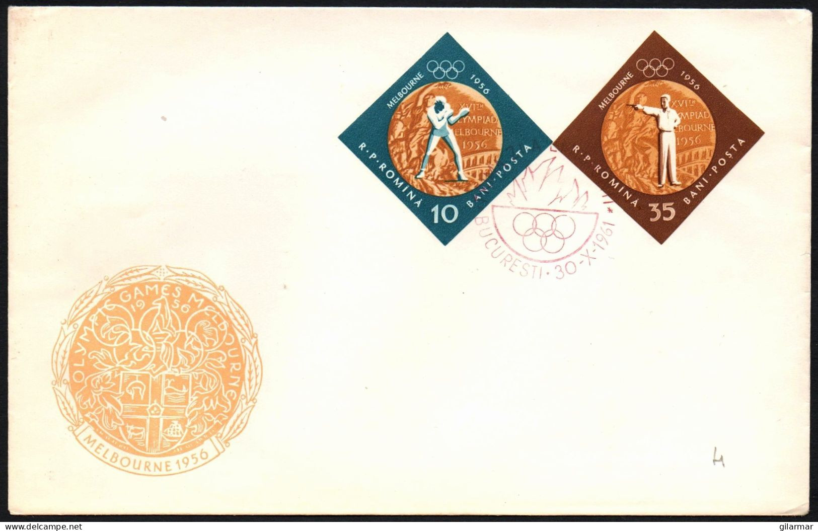 ROMANIA BUCHAREST 1961 - GOLD MEDALS AT THE OLYMPIC GAMES OF MELBOURNE '56 - FDC - BOXING / SHOOTING IMPERFORATED - G - Verano 1956: Melbourne