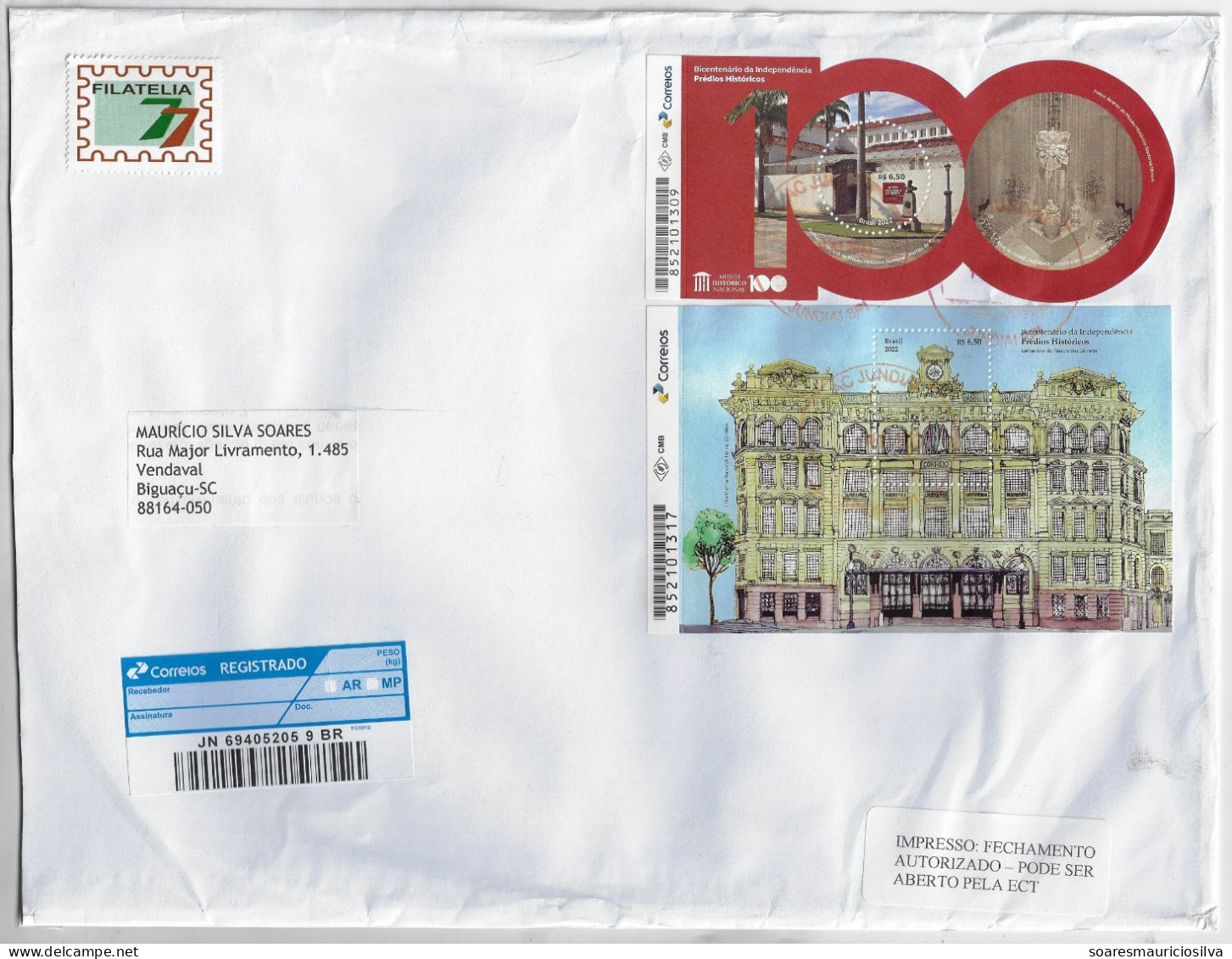 Brazil 2023 Registered Printed Matter Cover Jundiai To Biguaçu Souvenir Sheet 200 Years Independence Historic Building - Covers & Documents