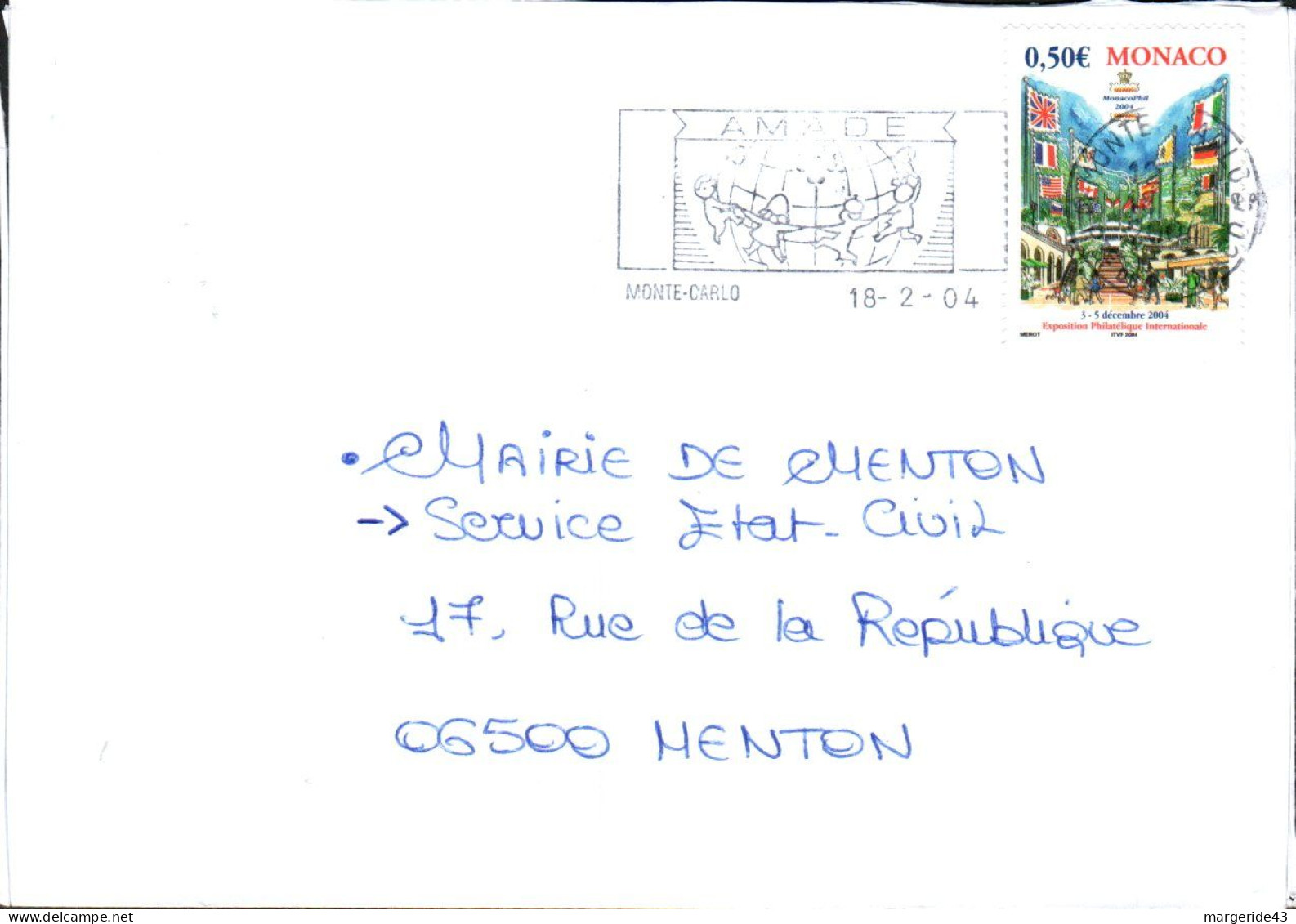 MONACO SEUL SUR LETTRE POUR LA FRANCE 2004 - Storia Postale