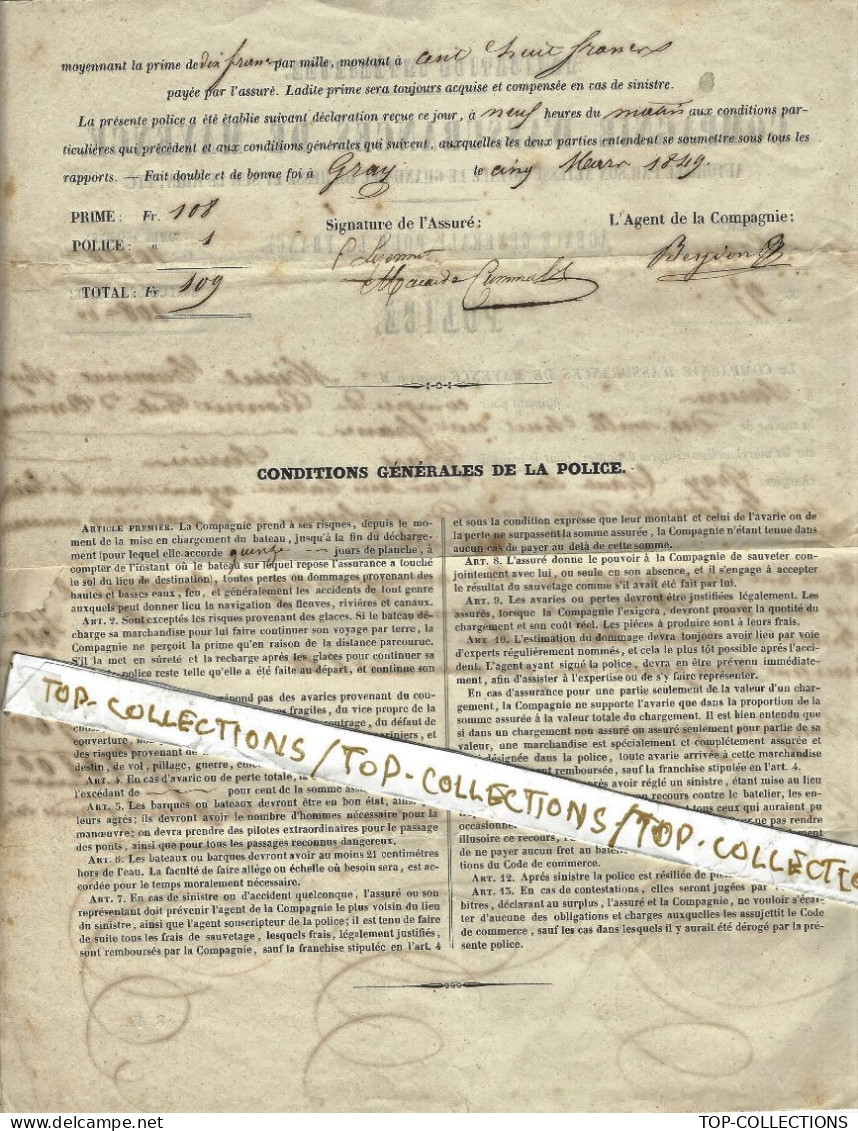 1849 NAVIGATION TRANSPORT FLUVIAL ASSURANCES MARITIMES MAYENCE Allemagne  Gray Haute Saone  Cargaison Orge Par Bateau - 1800 – 1899