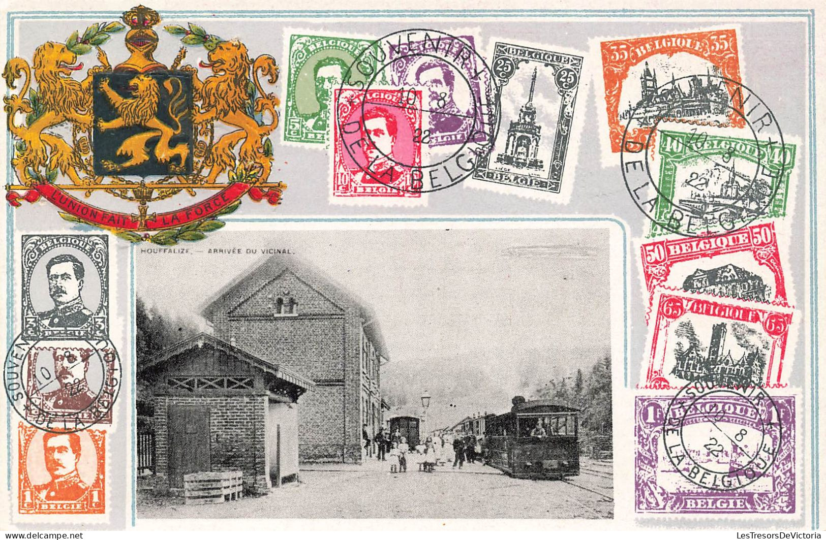 Représentation De Timbres - Souvenir De La Belgique - Houffalize - Arrivée Du Vicinal - Carte Postale Ancienne - Timbres (représentations)