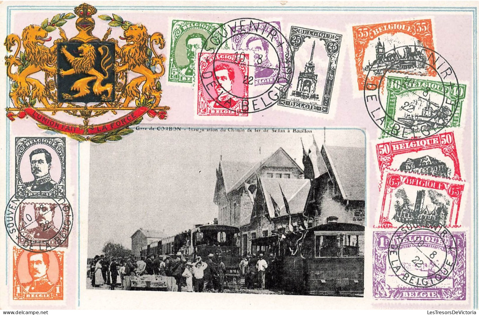 Représentation De Timbres - Souvenir De La Belgique - Inauguration Du Chemin De Fer De Sedan - Carte Postale Ancienne - Briefmarken (Abbildungen)