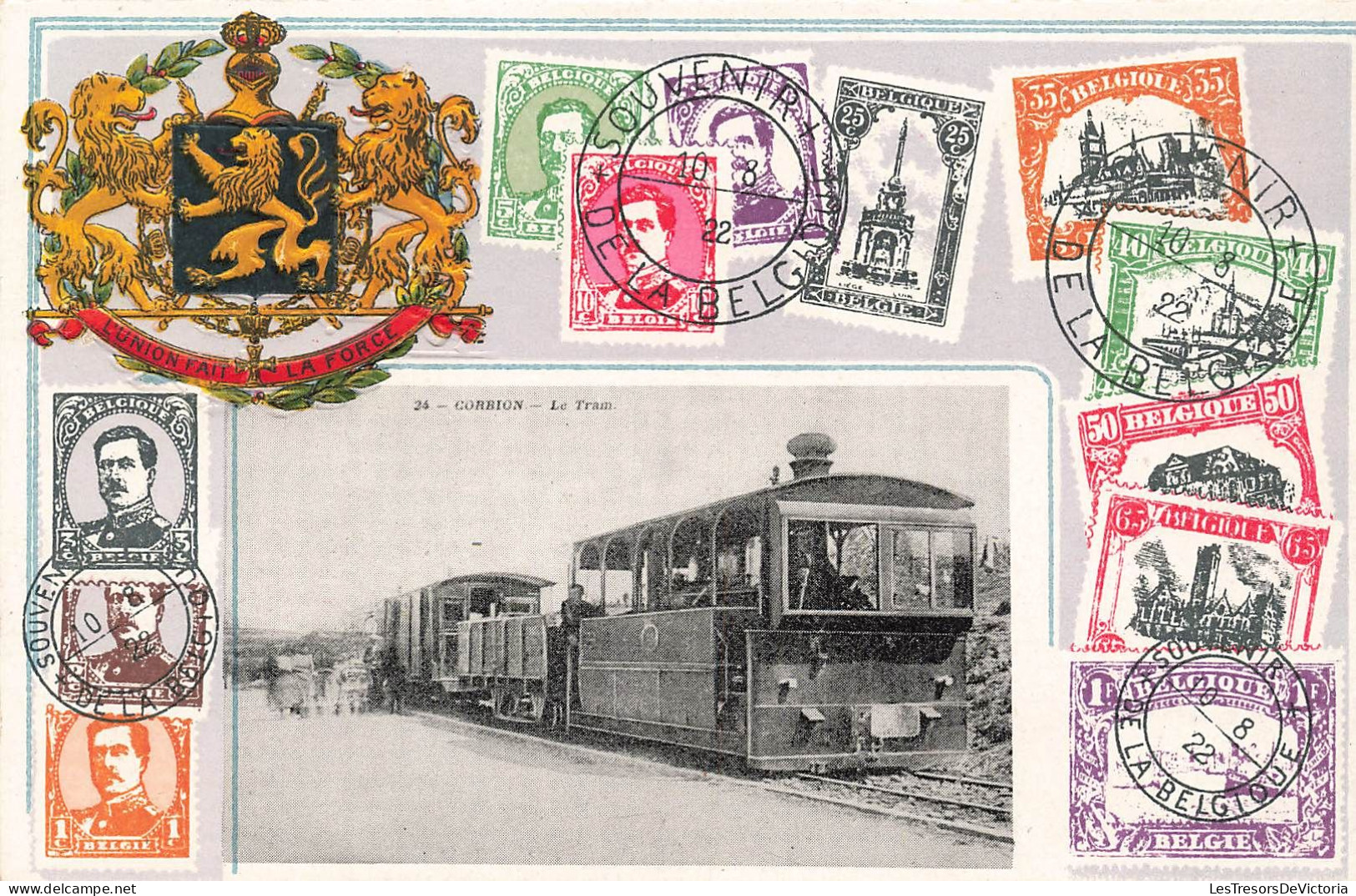 Représentation De Timbres - Souvenir De La Belgique - Corbion - Le Tram - Carte Postale Ancienne - Briefmarken (Abbildungen)