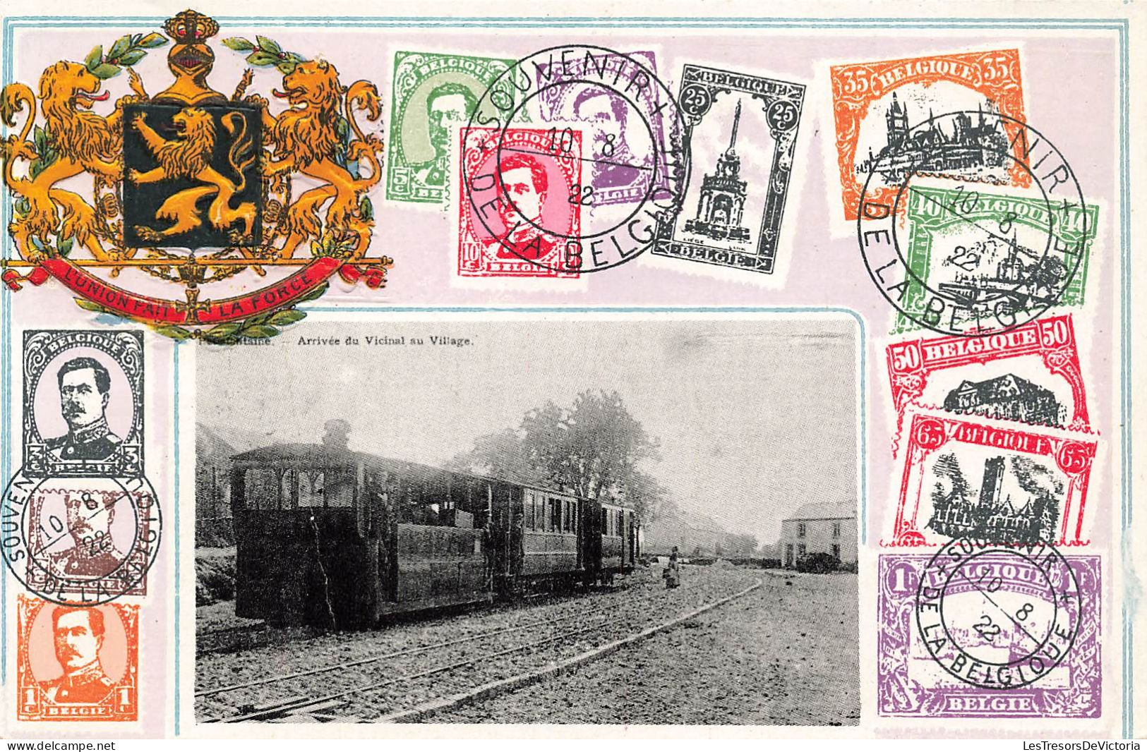 Représentation De Timbres - Souvenir De La Belgique - Arrivée Du Vicinal Au Village - Carte Postale Ancienne - Briefmarken (Abbildungen)