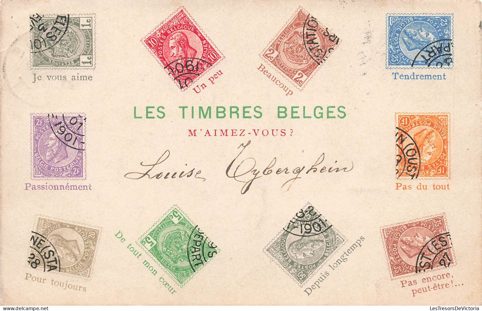 Représentation De Timbres - Les Timbres Belges - M'aimez-vous? - Carte Postale Ancienne - Briefmarken (Abbildungen)