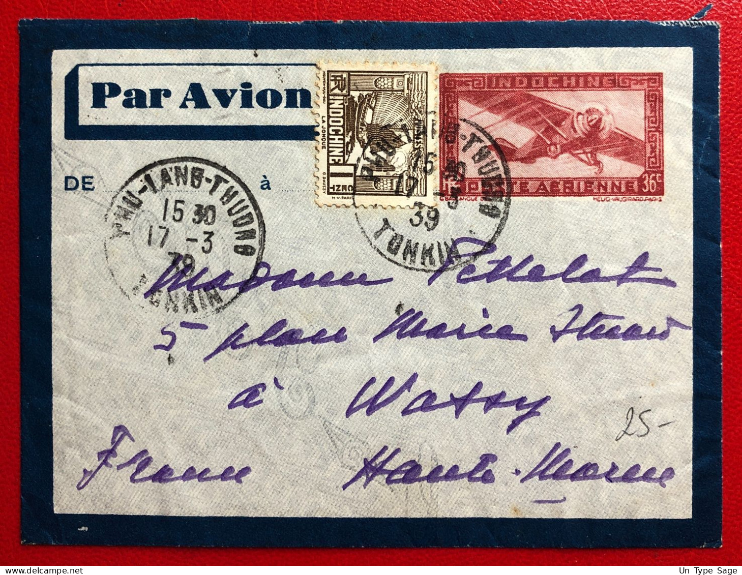 Indochine, Entier-Avion + Complément TAD PHU-LANG-THUONG, Tonkin 17.3.1939 Pour La France - (A044) - Covers & Documents