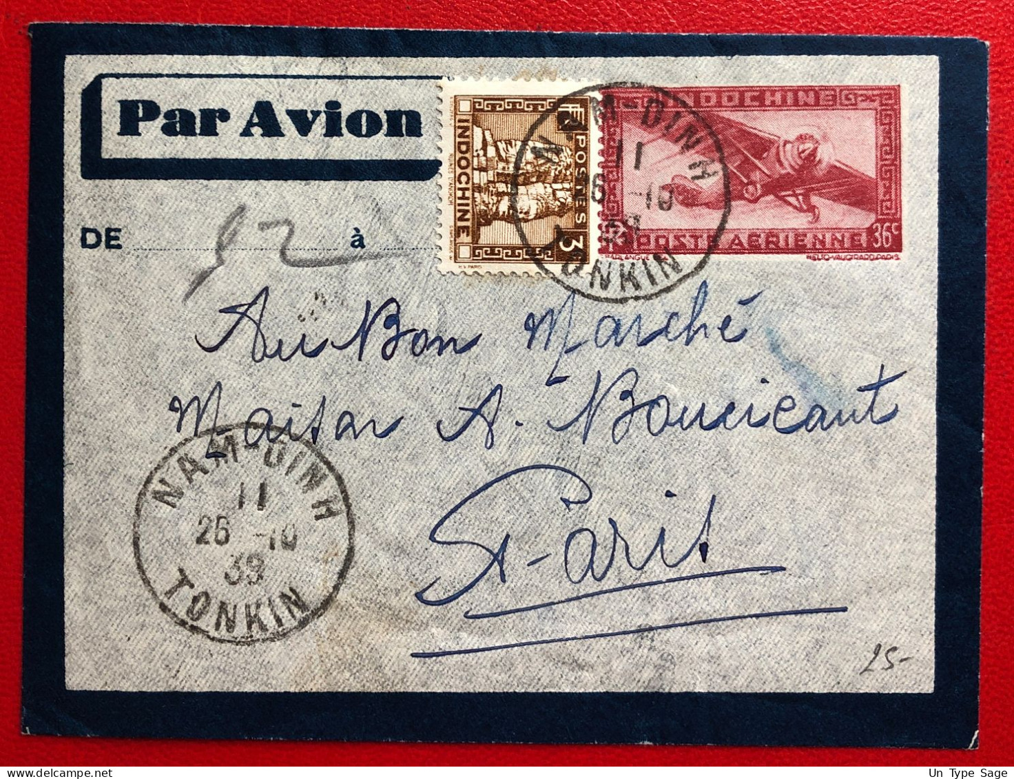Indochine, Entier-Avion + Complément TAD NAM-DINH, Tonkin 25.10.1939 Pour La France - (A050) - Briefe U. Dokumente
