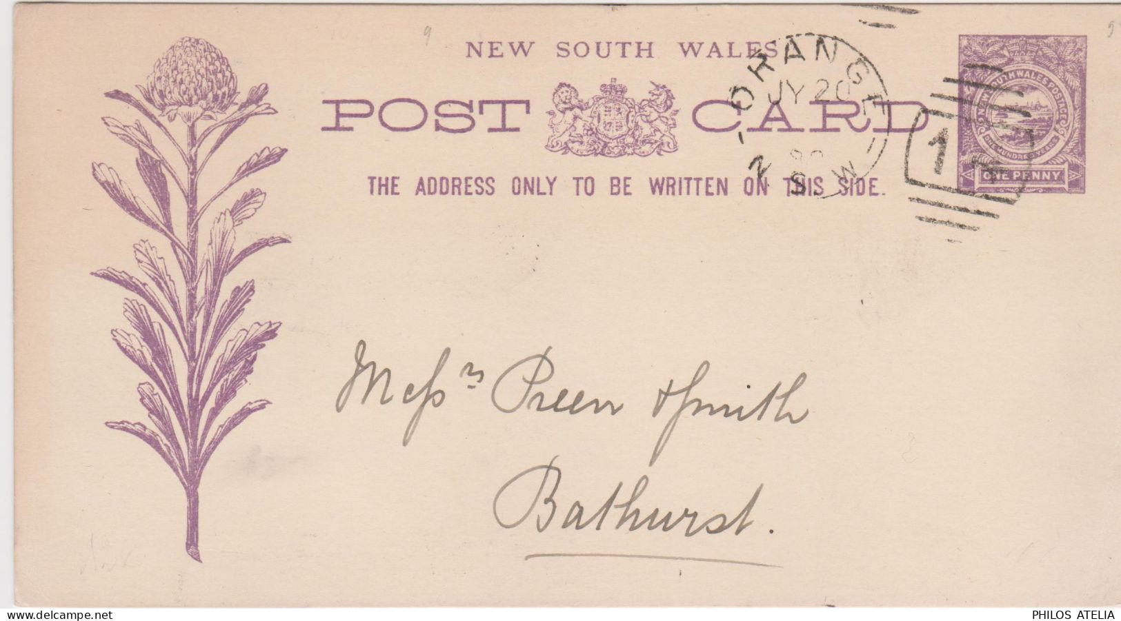 New South Wales Entier Post Card One Penny Violet Vue De Sydney (YT 59) Illustré Chardon CAD Orange NSW JY 20 Killer 14 - Brieven En Documenten