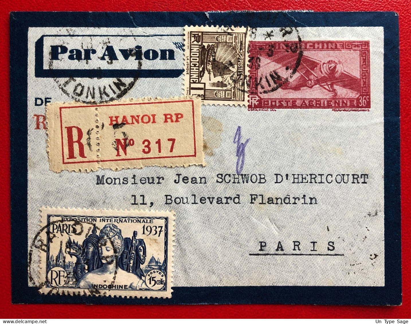 Indochine, Entier-Avion R. + Complément TAD HANOI R.P., Tonkin 11.3.1938 Pour La France - (A056) - Lettres & Documents