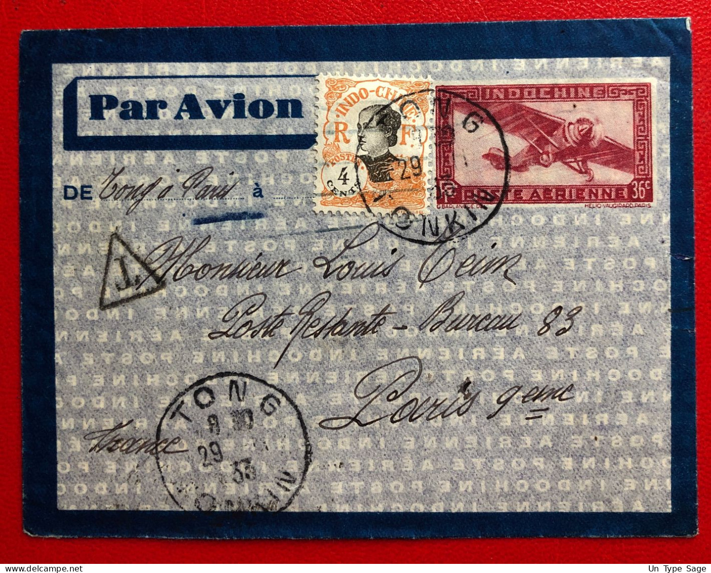 Indochine, Entier-Avion R. + Complément TAD TONG, Tonkin 29.11.1933 + TAXE, Pour La France - (A101) - Lettres & Documents