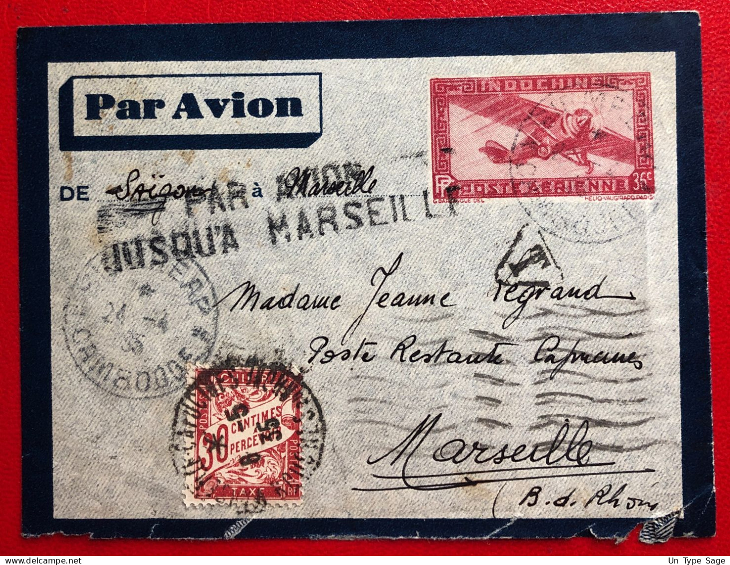 Indochine, Entier-Avion TAD SIEM REAP, Cambodge 24.4.1935 + TAXE, Pour La France - (A128) - Lettres & Documents