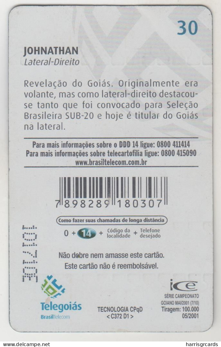 BRAZIL - Johnathan 7/10, Campeonato Goiano Mai/2001 , Telegoias, 30 U, Used - Brasilien