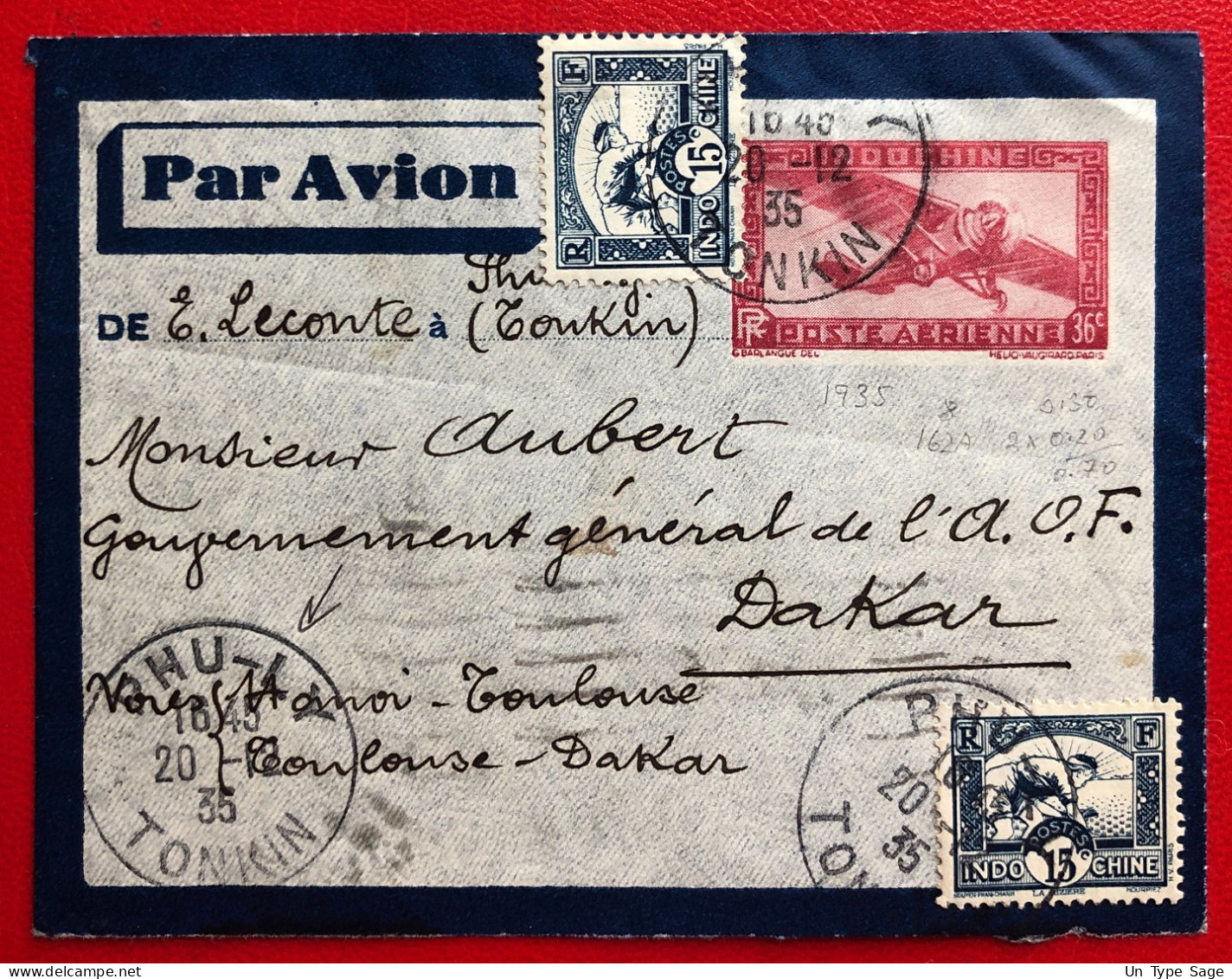 Indochine, Entier-Avion + Complément TAD PHU-LY, Tonkin 20.12.1935, Pour DAKAR A.O.F. - (A186) - Covers & Documents