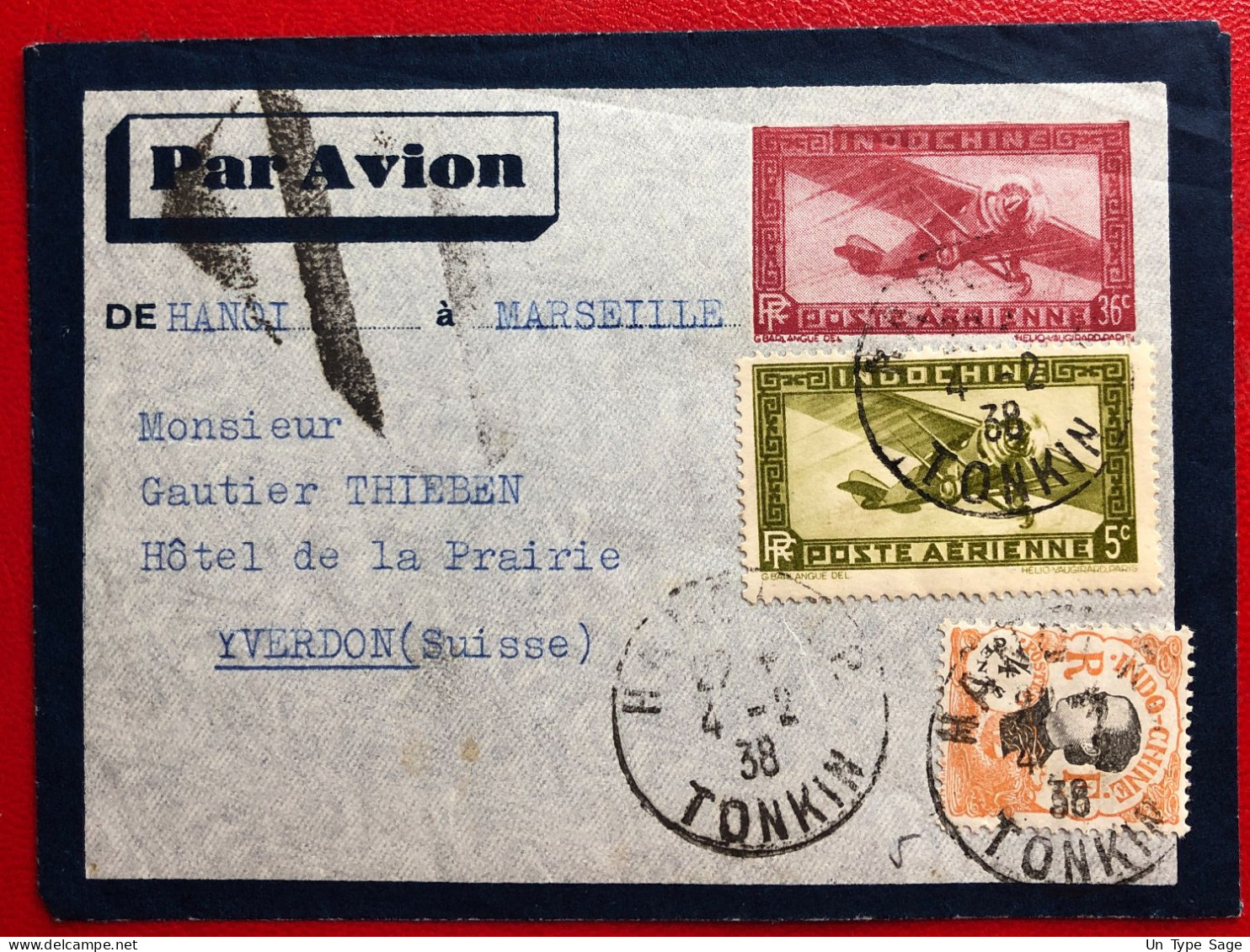 Indochine, Entier-Avion + Complément TAD HANOI R.P., Tonkin 4.2.1938, Pour La Suisse - (A217) - Covers & Documents